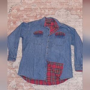 Vintage Land's End Men's Denim Plaid Shirt Jacket XL Tall